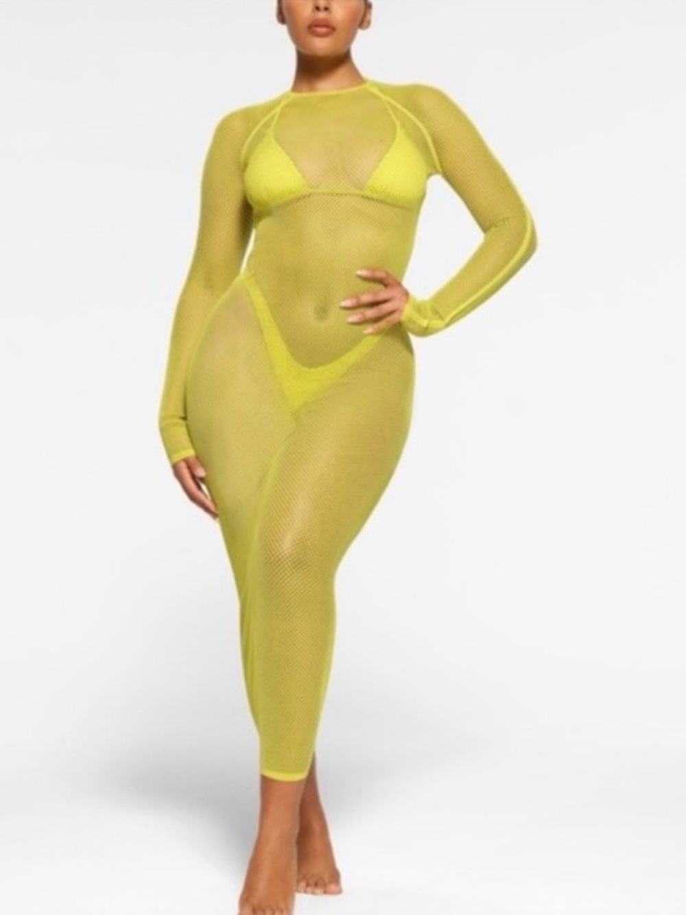 SKIMS Warp Knit Mesh Long Sleeve Cover-Up Dress in Citrus Yellow XXS